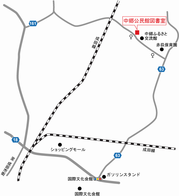 中郷公民館図書室の周辺地図です。「中郷公民館」バス停で下車後、北西方向に約30メートル進み、右折し約40メートル進むと左手に中郷公民館があります。